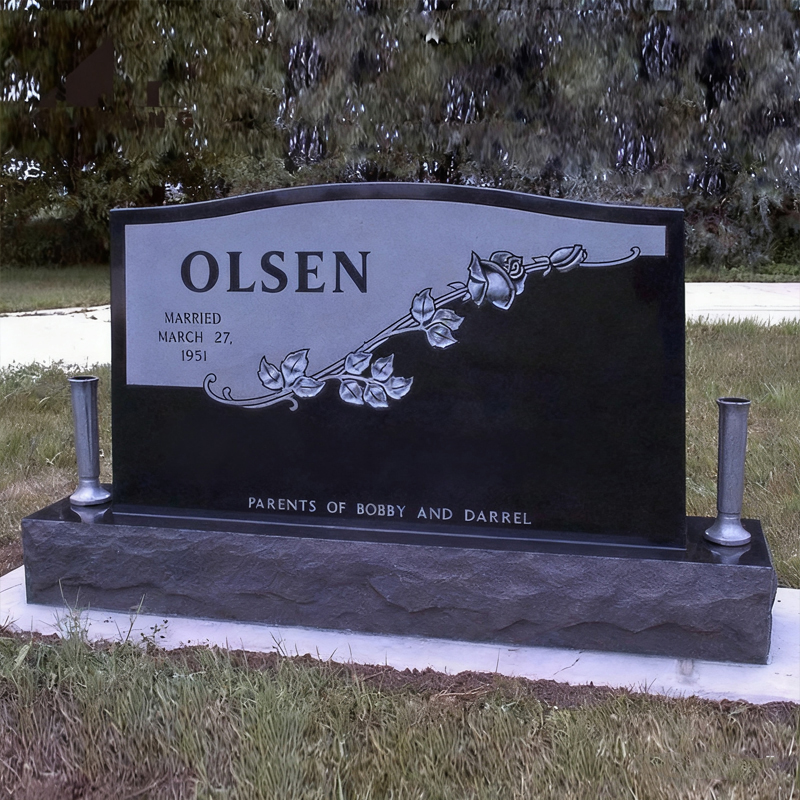 Siyah Beyaz Kontrast Gül Desenli Mermer Mezar Taşı